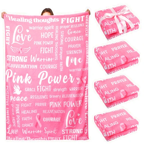 Tegeme 4 Pcs Breast Cancer Blankets Care Gift 40'' x 50'' Pink Ribbon Get Well Soon Comfort Flannel Throw Blanket Encouragement Healing Gift for Breast Cancer Survivors Chemo Patients(Courage)