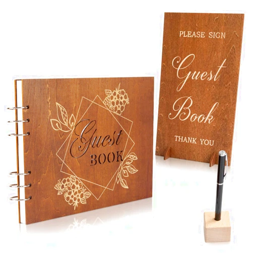Creawoo Wooden Wedding Guest Book Reception Sign in Guestbook with Table Sign, Pen & Holder, Hardcover Memory Registry Photo Album with 90 White Pages for Wedding, Baby Shower, Birthday-11 x 8.5