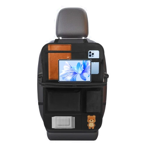 ARANA Car Backseat Organizer with Tray, 6 Pocket Seat Back Organizer with Tablet Holder, Oxford Fabric Car Back Seat Kick Protector with Foldable Food Tray for Kids Travel Accessories-Black, 1PC