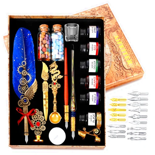 Aifeiter Quill Pen Ink Set-Feather Calligraphy Pen and Ink Set,Includes 6 Bottles of Ink,Quill Pen,Glass Dipping Pen,Wooden Dipping Pen,17 nibs,8 Sheets of Writing Paper,Envelope,Spoon-Blue