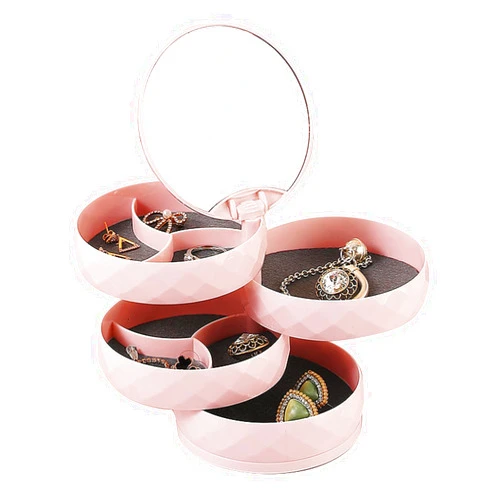 WMM Jewelry Organizer Rotatable Small Jewelry Box Earring Holder for Women, Mirror Jewelry Storage Box 4-Layer Rotating Jewelry Accessory Storage Tray with Lid for Earrings Necklaces Bracelets