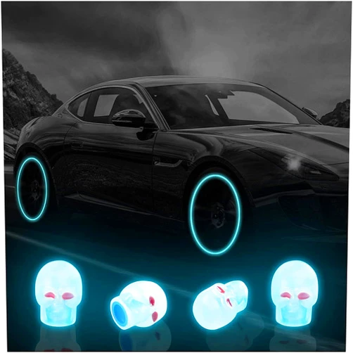 Unifizz 4pcs Universal Fluorescent Car Tire Valve Caps, Luminous Skull Tire Air Valves Stem Caps, Glow in The Dark Tire Valve Caps, Suitable for Most Cars, Motorcycles, SUV, Trucks, and Bicycles (blue/Red)