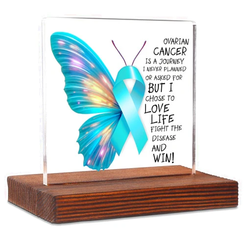 SOSREBEDR Ovarian Cancer Awareness Gift, Teal Ribbon Butterfly Desk Sign, Inspirational Decor for Warriors and Survivors, Support Life Fight Win Acrylic Plaque for Women SKI364