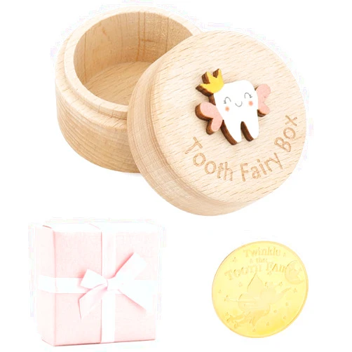 WALLFID Tooth Fairy Box for Lost Teeth For Kids,Wooden Tooth Box Cute 3D Tooth Storage Box Tooth Keepsake Box with Tooth Fairy Coin,Gift box(Round coin)