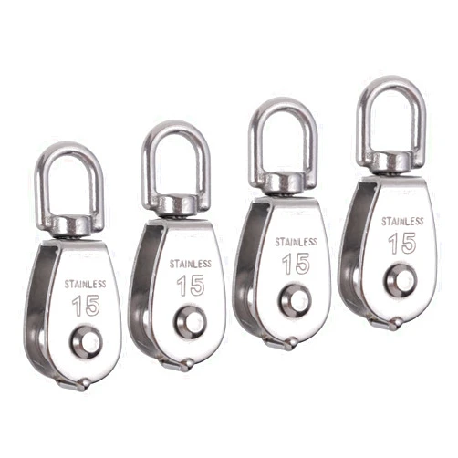 Rocaris 4 Pack M15 Lifting Single Pulley Block 304 Stainless Steel Crane Swivel Hook Double Pulley Roller Loading