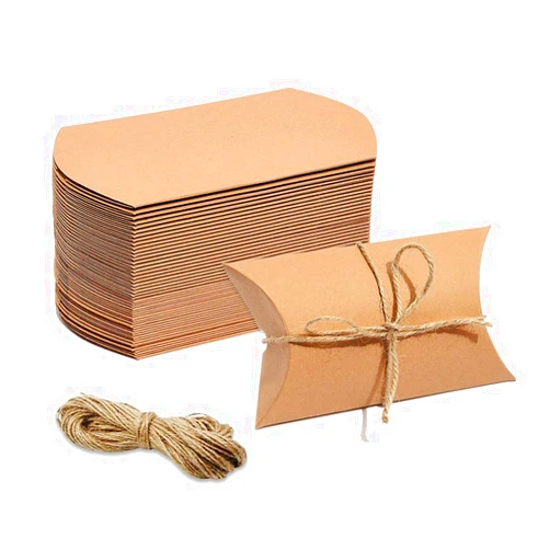 50 Pack Kraft Paper Pillow Boxes, Candy Favor Gift Boxes Cardboard Pillow Box with Twines, Pillow Gift Box for Wedding Party
