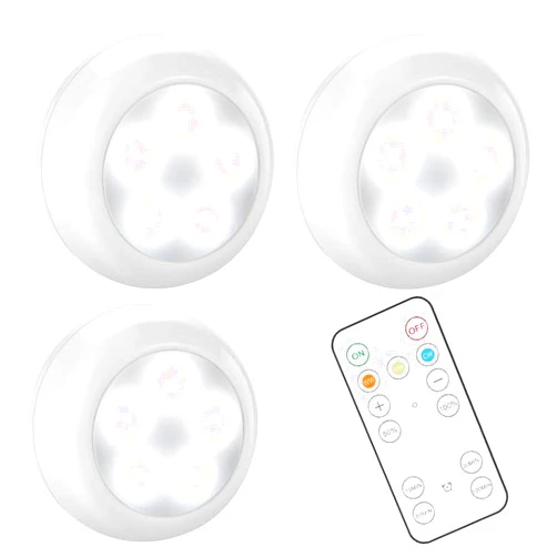BLS Wireless LED Puck Lights with Remote Control, AA-1030 Battery Operated Lights with 3 AA Batteries, Stick on LED Under Cabinet Lighting with Timer& Dimmable, Cool White and Warm White (3 Pack)
