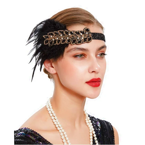 Anglacesmade Bridal 1920s Flapper Feather Headband Crystal Beaded Black Feather Headpiece Hair Jewelry for Women and Girls