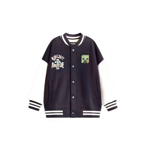 Minecraft Creeper Bomber Jacket in Black & White | Boys Varsity Jacket Adventure Club Graphics Outerwear