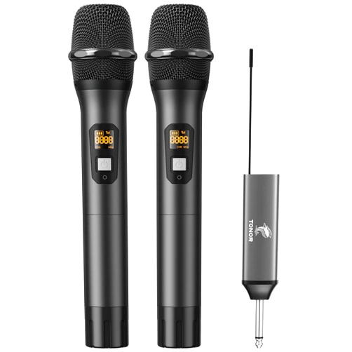 TONOR Wireless Microphone, UHF Dual Cordless Metal Dynamic Mic System with Rechargeable Receiver (Black)