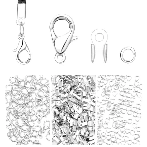Syhood 450 Piece Jewelry Making Accessories Kit Include 200 Fold Over Cord End Caps Crimp End Tips 200 Jump Ring Connectors and 50 Bracelet Necklace Lobster Claw Clasps and Closures (Silver)