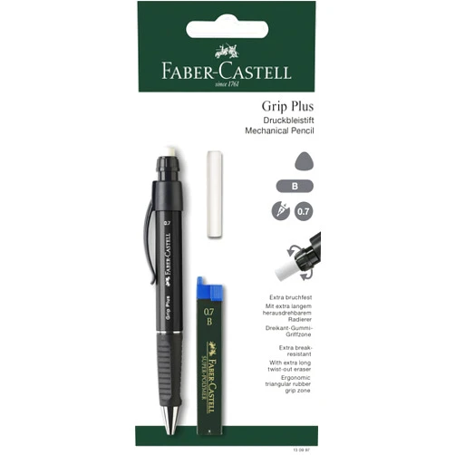Faber-Castell 130997 Grip Plus Blister Mechanical Pencil, Assorted Colours, 0.7 mm + B Lead + Eraser