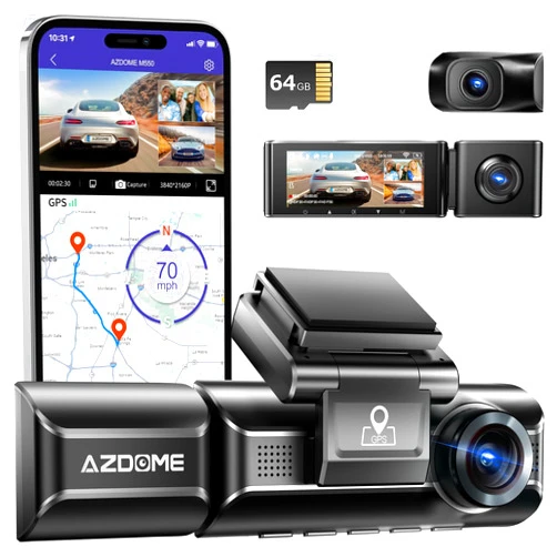 AZDOME M550 4K WiFi 3 Channel On Dash Cam, Dual Front and Rear for Car 4K+1080P Free 64GB Card, Built-in GPS 24H Parking Mode IR Night Vision WDR 3.19