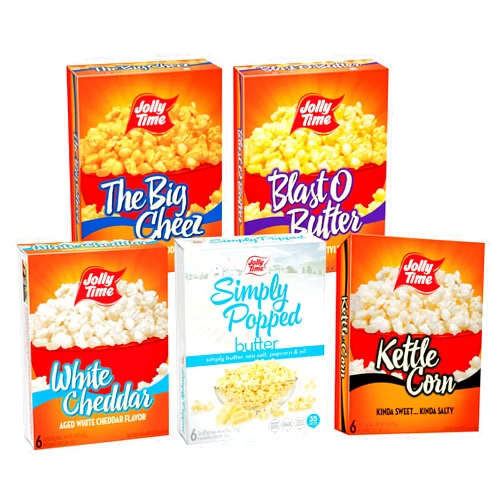 Jolly Time Microwave Popcorn Variety Pack, 6 Sharing Size Bags Per Carton, (1) Blast O Butter, (1) The Big Cheez, (1) Kettle Corn, (1) White Cheddar, and (1) Simply Popped Butter