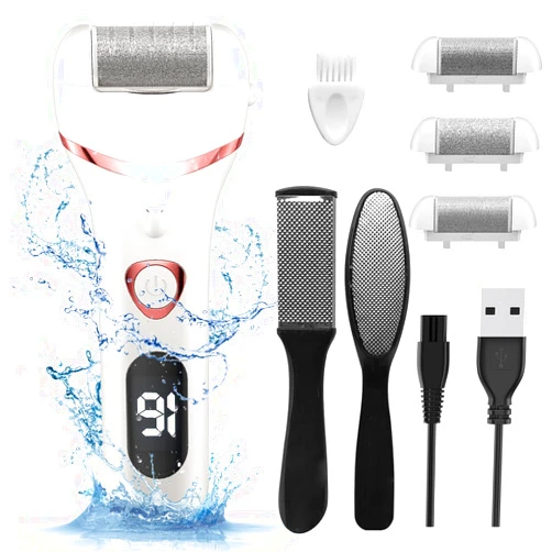 Geopu Electric Foot Callus Remover, Rechargeable Portable Electronic Foot File Pedicure Kits, Waterproof Foot Scrubber File, Professional Pedicure Tools, Foot Care for Dead Skin Ideal Gift, 3 Rollers