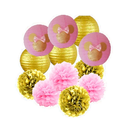MRMSLI 12pcs Pink and Gold Glitter Minnie Paper Flowers Pom Poms Balls and Paper Lanterns, pink and gold Minnie birthday decorations ,Girl Birthday ,Photo Props , Baby Shower Minnie Themed Party Decor