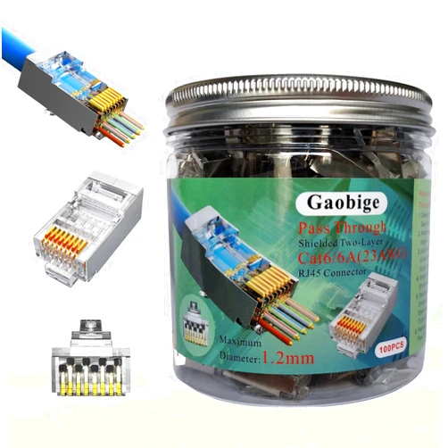 Gaobige 100-Pack Cat6 Cat6A RJ45 Pass Through Connectors Ends, Shielded RJ45 Connectors for 23AWG Cat6 Shielded Solid Wire and Standard Cable 100 Pack (1.2mm Shielded Cat6 Pass Through Connector)
