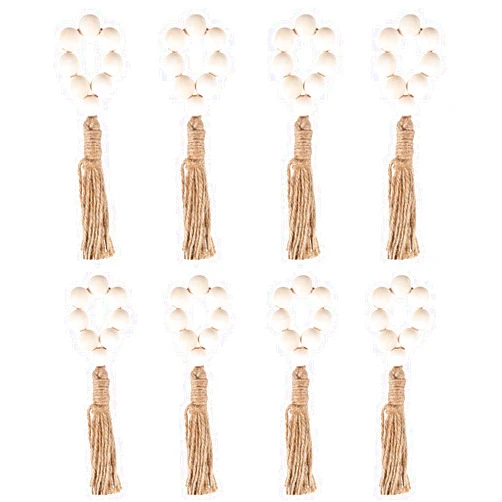 SEWACC Wood Bead Napkin Rings with Tassels 8pcs Farmhouse Beads Rustic Country Decor Wood Beads Garland Wall Hanging Decor Bead Napkin Rings Set for Home Wedding Decor