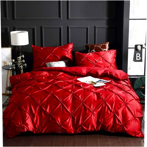 Miss Cora Pintuck Duvet Cover Set Silk Like Satin, Bedding Pinch Pleated Ruffle Design Silky Microfiber Bedding Sets 8 Colors-Red, Queen