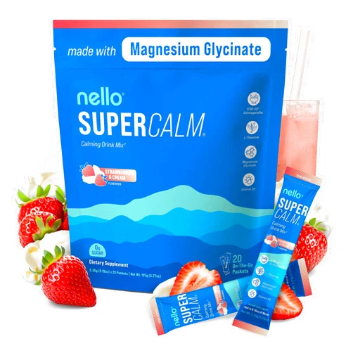 Nello Supercalm Powdered Drink Mix, Cortisol Reducer*, Sleep Aid Supplement, L Theanine, Ksm-66 Ashwagandha, Magnesium Glycinate, Vitamin D 3, No Sugar, Non GMO, 20 Ct, Strawberries & Cream