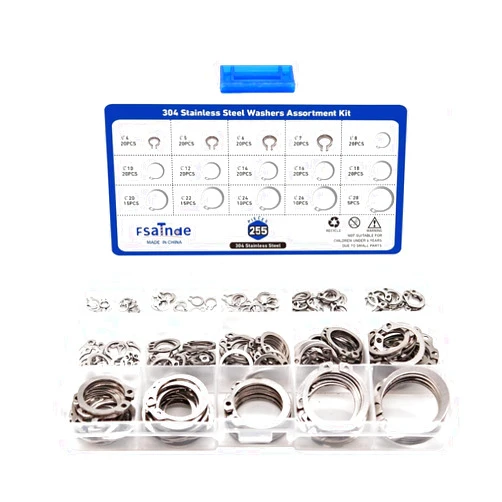 FSATNDE 255PCS Metric 304 Stainless Steel C-Clips External Retaining Ring Assortment Kit for Automobiles, Electrical and Bearings,15 Size