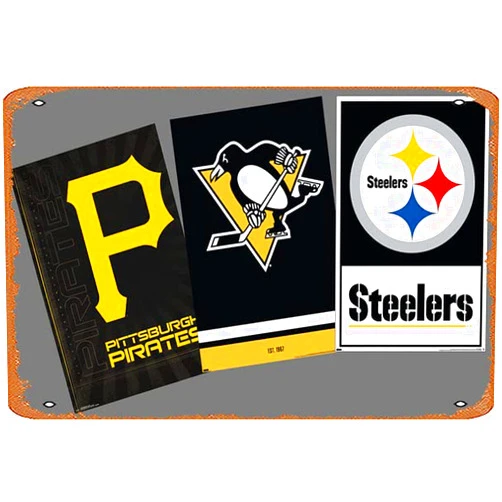 Muecddoa Vintage Metal Signs,Funny COMBO: Pittsburgh, Pennsylvania Sports Teams 3-Poster Combo (Steelers, Penguins, Pirates) Poster Sign Wall Art Decor Plaque for Musical Man Cave Farmhouse Bar Pub Club Cafe Bathroom Movie Poster Tin Sign 8x12 inch