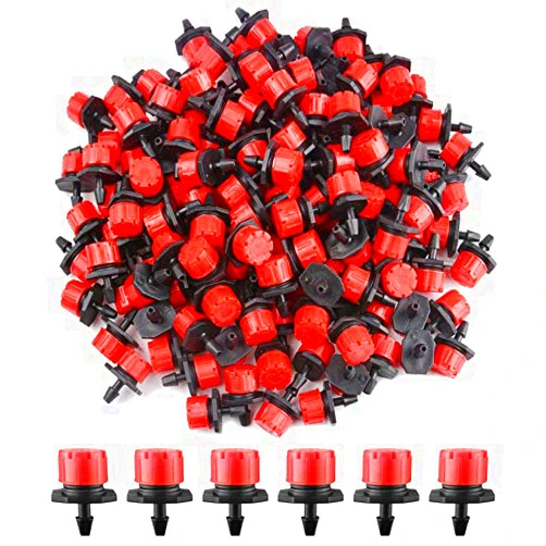 Kalolary 200Pcs Adjustable Irrigation Drippers, 1/4 Inch Barbed Drip Emitter 360 Degree Watering Sprinklers Anti-Clogging Drippers for 4mm/7mm Garden Watering System（Red）