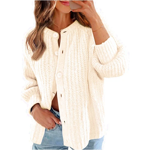 MEROKEETY Women's 2024 Long Sleeve Cardigan Sweater Crew Neck Button Ribbed Open Front Knit Outerwear