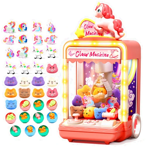 Aiqi Kids Claw Machine, Mini Candy Vending Grabber, Prize Dispenser Toys for Girls and Boys, Electronic Claw Game Machine for Party Birthdays with Lights Sound, Includes 35 Mini Toys