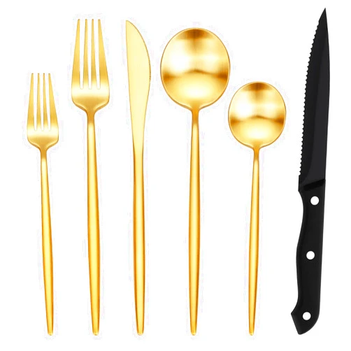 EUIRIO 48-Piece Matte Gold Silverware Set with Steak Knives, Gold Flatware Set for 8, Stainless Steel Forks and Spoons Silverware Sets, Gold Cutlery Utensils Set, Satin Finish & Dishwasher Safe