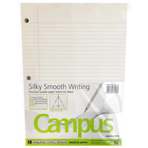 KOKUYO ​​Kokuyo Campus Loose Leaf Paper for 3 Ring Binders, 11” x 8-1/4”, College Ruled, 100 Sheets, Premium Quality Paper Ink Resists, Made in Japan (WSG-NO-887G1)