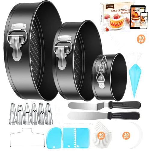 Kootek 144pcs Cake Pan Sets for Baking, Cake Decorating Supplies Kit with 3 Nonstick Round Springform Pans (4, 7, 9 inch), Piping Bags and Tips, Cake Leveler, Other Cheesecake Bakeware Tools & eBook