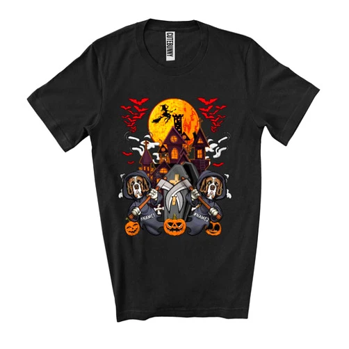 CUTEBUNNYSTORE Personalized Custom Name Two St.Bernard Death, Humorous Halloween Owner Pumpkins Unisex T-Shirt
