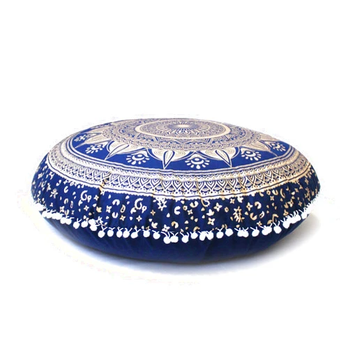 CRAFT KALA 32 Inch Meditation Floor Pillow Cover Round Pillow Seating Hippie Decorative Adults Bohemian Mandala Cushion Cover Outdoor Living Room Throw Ottoman Poufs Cover (Blue Gold Trishul)