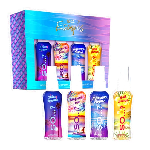 So...? So…?...? Escapes Body Mist Gift Set - Perfumes for Women - Everyday Body Spray for Women - Vegan, Cruelty-Free - Fragrance Gifts for Women - 4 pcs