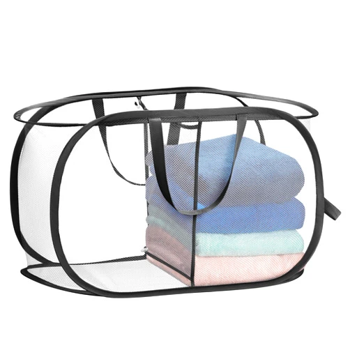 Handy Laundry Foldable Laundry Basket - Popup and Collapsible, Durable Mesh Material, Folds for Storage, Easy Carry Handles. Great Hamper for College Dorm, Laundry Room or Travel. (White-Black | 2-Compartments)