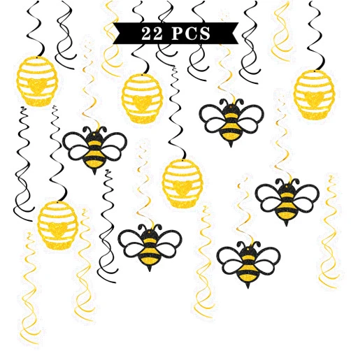 Maicaiffe Honey Bumble Bee Hanging Swirl Decorations - Glitter 22 Pcs Bee Baby Shower Party Supplies - Baby Birthday - Engagement - Wedding Streamers - Bee Theme Party Foil Swirls Ceiling Decorations