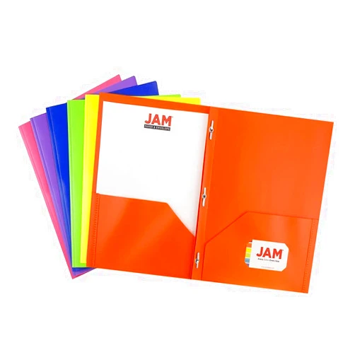 JAM PAPER Plastic Color POP Folders - 2 Pocket Durable Folders with Metal Prongs Fastener Clasps - Assorted Primary Colors - 6/Pack