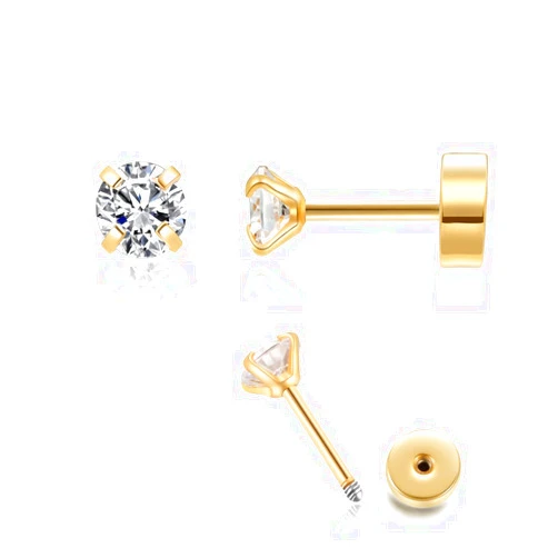 Renkovte 4mm CZ Flat Screw Back Stud Earrings,14K Gold Small Cubic Zirconia Earrings for Helix Cartilage Tragus Earlobe Piercing Jewelry Gift for Women(4mm CZ, Gold)