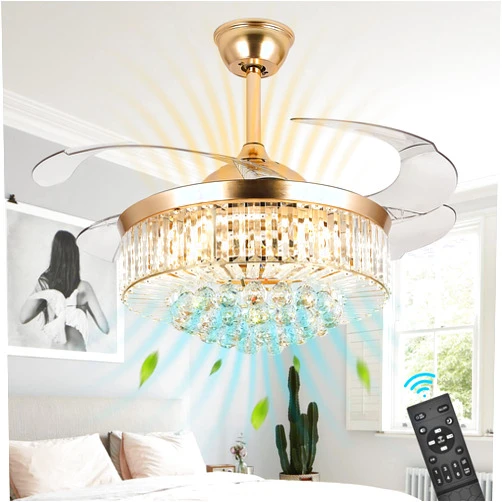Tberar Ceiling Fans with Lights and Remote Golden 42 Inch Fandelier Ceiling Fan with Light and Remote, Chandelier Ceiling Fan with Retractable Blades for Indoor Living Room Bedroom