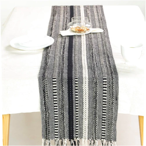 The Art Box Boho Cotton Fabric Table Runner Black - 15x108 inch Morden Farmhouse Braided Stripe Kitchen Dining Table Runner Fringe for Wedding Home Decor