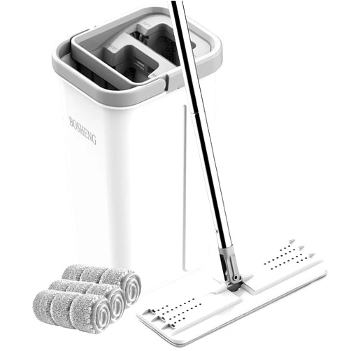 BOSHENG Mop and Bucket with Wringer Set, Hands Free Flat Floor Mop and Bucket, 3 Washable Microfiber Pads Included, Wet and Dry Use, Home Floor Cleaning System for All Floor Types and Windows