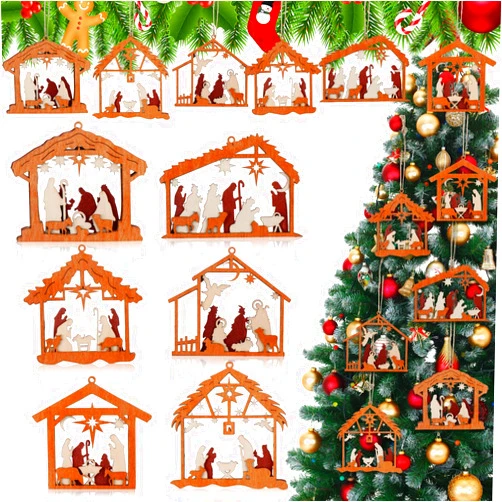 Bucherry 6 Pcs Christmas Nativity Scene Ornaments Christmas Wooden 3D Hanging Ornament House Nativity Scene Bulk for Xmas Tree Birth of Jesus Christian Decor Religious Gift for Family (House)