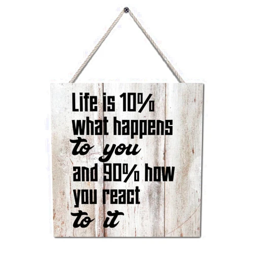 Vrurinss Hanging Wooden Sign with Saying Life Is 10% What Happens to You And 90% How You React to It Rustic Blessed Sign Motivational Gift Garden Signs for Home Laundry Room Bathroom Decor 8x8 Inch