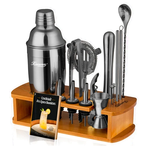 KITESSENSU Cocktail Shaker Set Bartender Kit with Stand | Bar Set Drink Mixer Set with All Essential Bar Accessory Tools: Martini Shaker, Jigger, Strainer, Mixer Spoon, Muddler, Liquor Pourers | Black