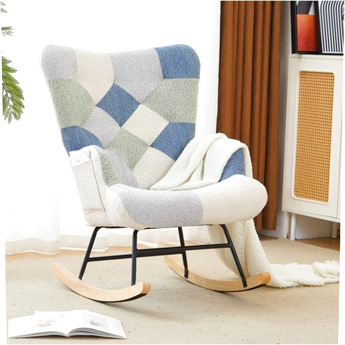 ETCZOYE Nursery Rocking Chair Teddy Upholstered Glider Rocker Rocking Accent Chair with High Backrest Armchair Comfy Side Chair for Living Room, Bedroom, Offices (Spliced Blue)