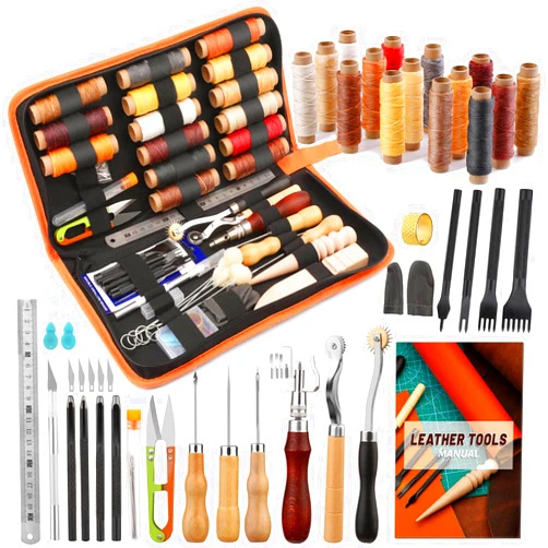 BUTUZE Leather Working Tools, Leather Tool Kit, Practical Leather Craft Kit with Waxed Thread Groover Awl Stitching Punch Hole for Leathercraft Beginner or Adults Gifts - Comes with Tool Manual