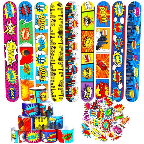 Junkin 90 Pcs Hero Party Favors Hero Slap Bracelet and Stickers Hero Snap Bracelet Wristband Hero Stickers Hero Party Supplies for Kids Birthday Party Baby Shower Decorations