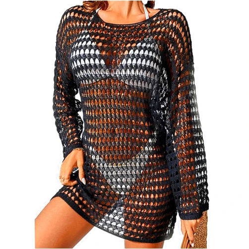 UKYLIN Women Scoop Neck Crochet Knit Swimwear Coverup Long Sleeves Cover Bikini Cover Up Net