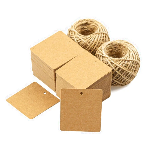OUMEIDY 200 PCS Kraft Paper Gift Tags Hang Tags with String, Brown Square Paper Blank Label with 200 Feet Natural Jute Twine for Arts and Crafts, Wedding Christmas Day